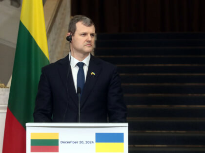 Prime Minister of the Republic of Lithuania Gintautas Paluckas attends a joint news confer