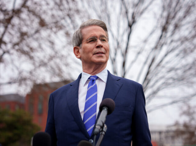 WASHINGTON, DC - MARCH 13: Treasury Secretary Scott Bessent speaks to reporters outside th