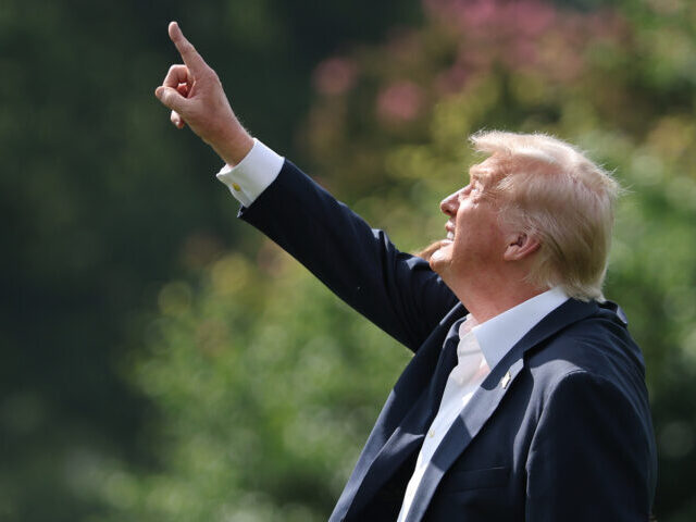 WASHINGTON, DC - JULY 11: U.S. President Donald Trump points out a newly installed flagpol