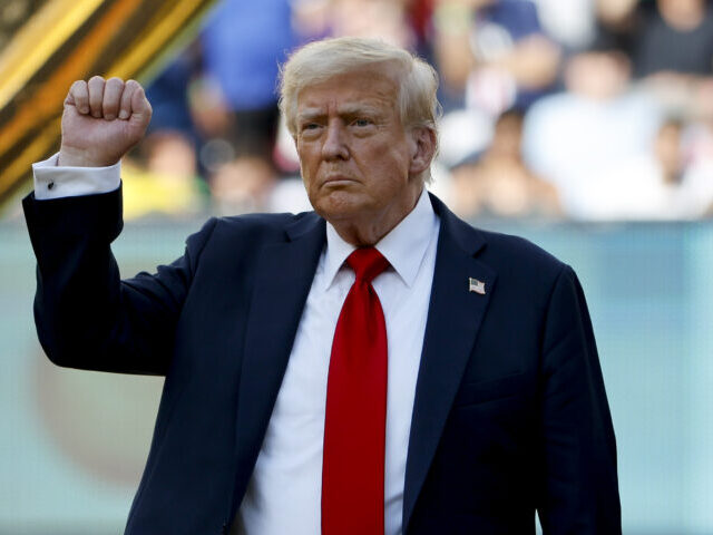 Chelsea FC v Paris Saint-Germain: Final - FIFA Club World Cup 2025 EAST RUTHERFORD, NEW JERSEY - JULY 13: Donald Trump during the trophy ceremony following t