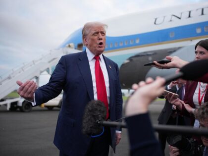 PRESTWICK, UNITED KINGDOM - JULY 25: U.S. President Donald Trump speaks to the media as he
