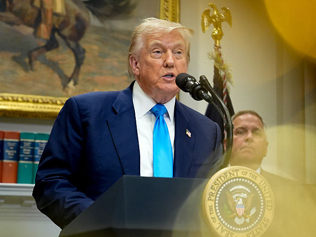 US President Donald Trump speaks during a bill signing ceremony in the Roosevelt Room of t