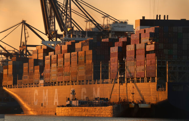 BAYONNE, NJ - JULY 28: The CMA CMG G. Washington cargo ship is unloaded at Port Liberty as