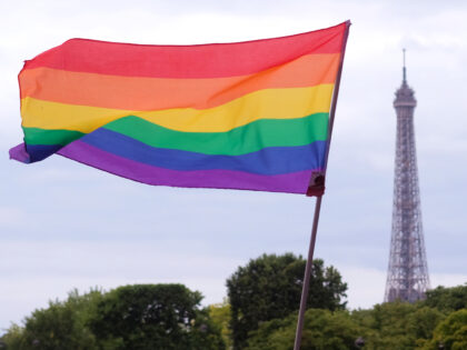 PARIS, FRANCE - JUNE 24, 2017: "nA rainbow flag, commonly known as the gay pride flag or L