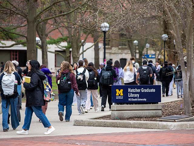 University of Michigan students walk on the UM campus on April 3, 2025 in Ann Arbor, Michi