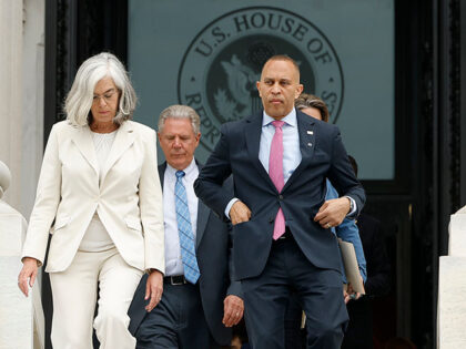 House Minority Leader Rep. Hakeem Jeffries (D-NY) walks with House Minority Whip Rep. Kath
