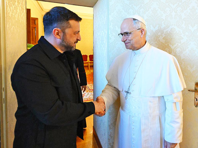 Ukrainian President Volodymyr Zelenskyy (L) is welcomed by Pope Leo XIV (R) at the pontiff