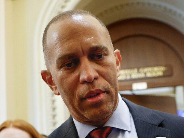 U.S. House Minority Leader Hakeem Jeffries (D-NY) speaks to reporters as he walks off the
