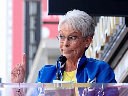 US actress Jamie Lee Curtis speaks during the ceremony honoring US former tennis player an