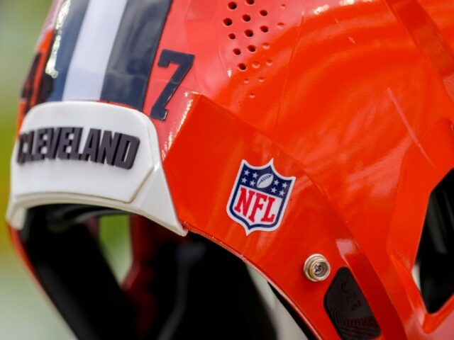 CLEVELAND, OHIO - SEPTEMBER 22: A detail of the NFL logo on a Cleveland Browns football he