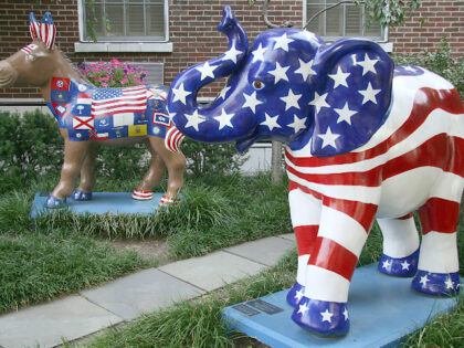 The symbols of the Democratic(L) (donkey) and Republican (elephant) parties are seen on di