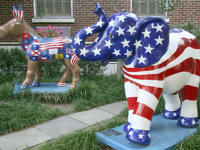 Party symbols The symbols of the Democratic(L) (donkey) and Republican (elephant) parties are seen on di