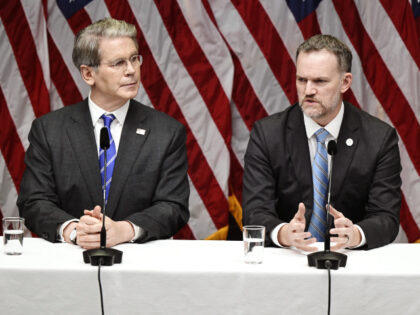 US Treasury Secretary Scott Bessent (L) and US Trade Representative Jamieson Greer address