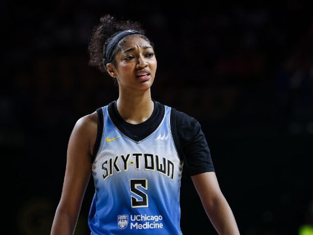 WASHINGTON, DC - JULY 08: Angel Reese #5 of the Chicago Sky reacts during the second half