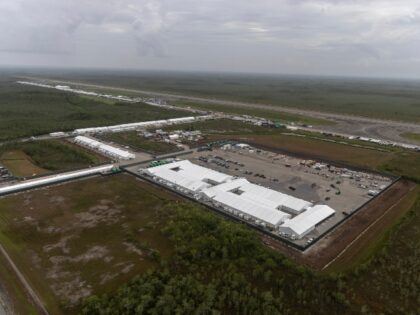 OCHOPEE, FLORIDA - JULY 4: In an aerial view from a helicopter, the migrant detention cent