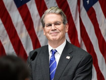 US Treasury Secretary Scott Bessent addresses a press conference in Rosenbad after the tra