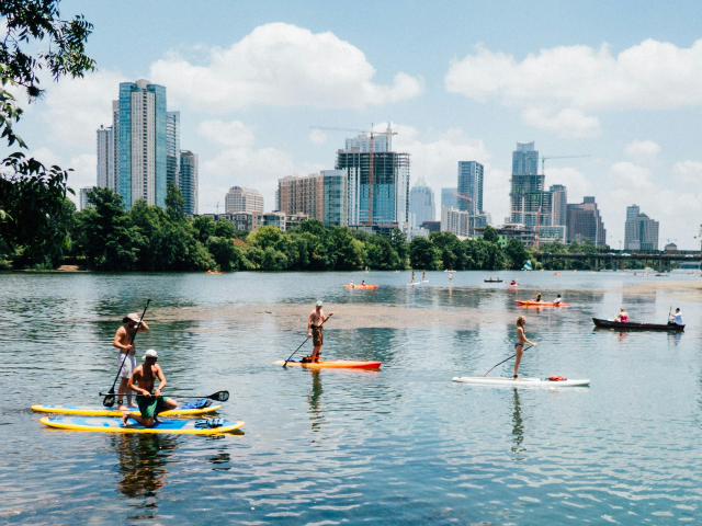 Downtown view over the water from Lou Neff point of Lady Bird Hike and Bike Trail.