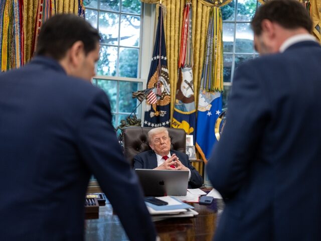 President Donald Trump meets with NATO Secretary Mark Rutte, Monday, July 14, 2025, in the