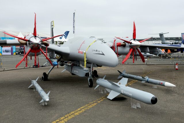 This photograph shows a Turkish Bayraktar Akinci drone aircraft at a Paris airport on June