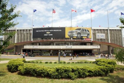 A proposed new NFL Washington Commanders stadium at the site of RFK Stadium, shown in its