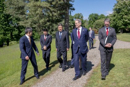 A US delegation including Treasury Secretary Scott Bessent (C) is set to meet a Chinese te