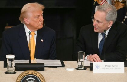 US President Donald Trump listen to White House AI and Crypto Czar David Sacks speak durin
