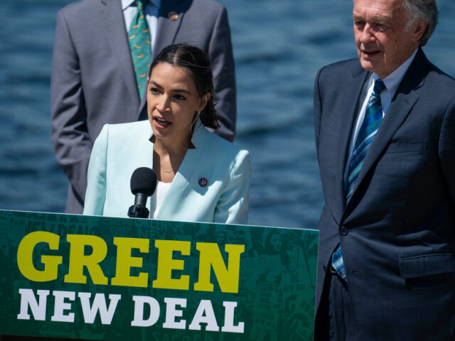 AOC Green New Deal Rep. Alexandria Ocasio-Cortez (D-NY) speaks during a news conference held to re-introduce