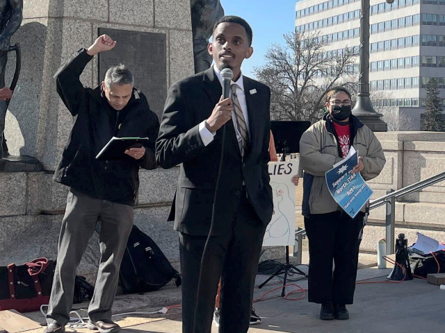 AP24043671531508 Minnesota Sen. Omar Fateh, of Minneapolis, speaks in support of the North Star Act – whi