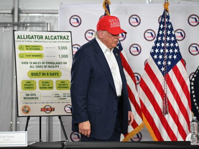 Alligator Alcatraz US President President Donald Trump arrives to attend a roundtable discussion as he visits