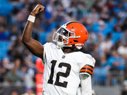 CHARLOTTE, NORTH CAROLINA - AUGUST 08: Shedeur Sanders #12 of the Cleveland Browns reacts