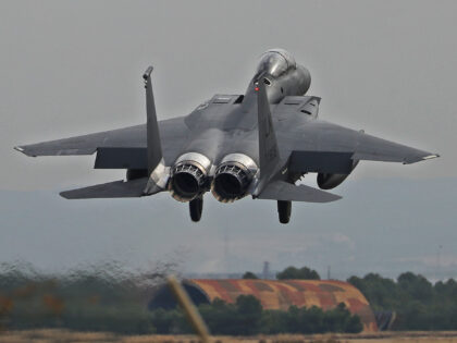 A McDonnell Douglas F-15 Eagle aircraft of the United States Air Force participates in the