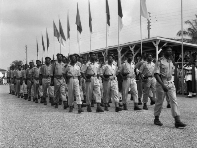 Soldiers parade 01 January 1960 in Yaounde as Cameroun became an independent republic. In