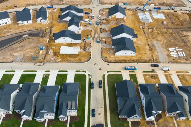 US-economy-REAL-ESTATE-indicator In this aerial view, completed and under construction new homes at a site in Trappe, Maryl