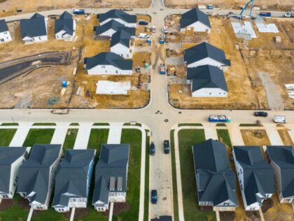 In this aerial view, completed and under construction new homes at a site in Trappe, Maryl