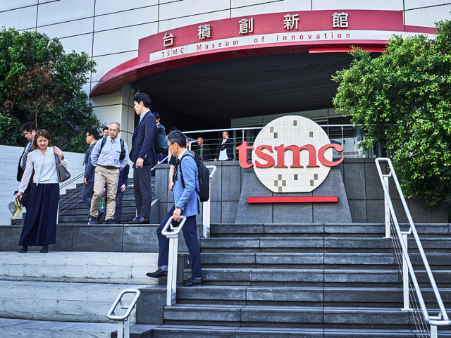 The Taiwan Semiconductor Manufacturing Co. (TSMC) logo displayed outside the company's Mus