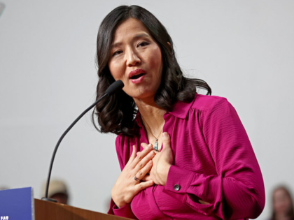 Boston Mayor Michelle Wu announces her re election candatcay on April 5. (Staff Photo By S