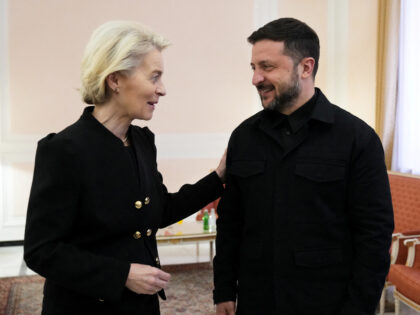 European Commission President Ursula von der Leyen (L) walks with Ukraine's President Volo