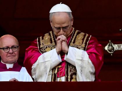 Newly elected Pope Leo XIV, Robert Prevost addresses the crowd from the main central loggi