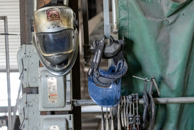 A protective face mask and goggles at the Metal Manufacturing Co. facility in Sacramento,