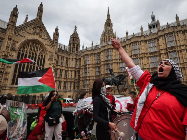 TOPSHOT - Protesters wave Palestinian flags and chant slogans outside the Palace of Westmi
