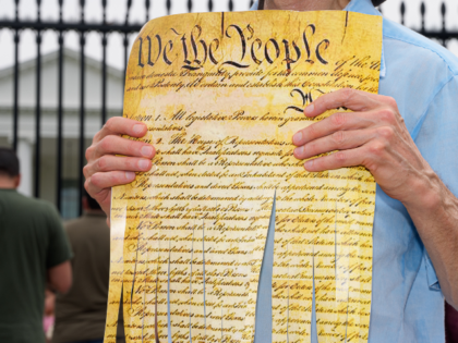 A demonstrator holds a sign depicting a shredded copy of the US Constitution during a prot