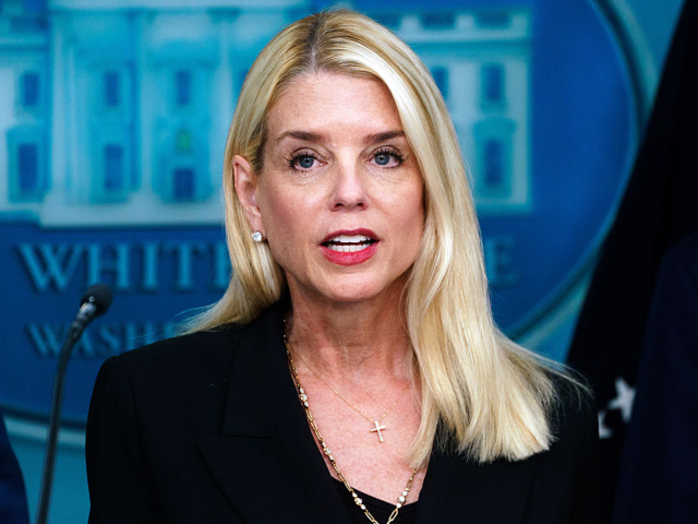 Pam Bondi, US attorney general, during a news conference in the James S. Brady Press Brief
