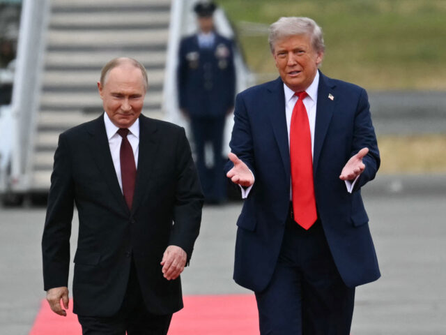 US President Donald Trump greets Russian President Vladimir Putin on the tarmac after they