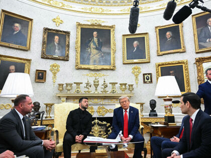 Ukrainian President Volodymyr Zelensky and US President Donald Trump participate in a meet