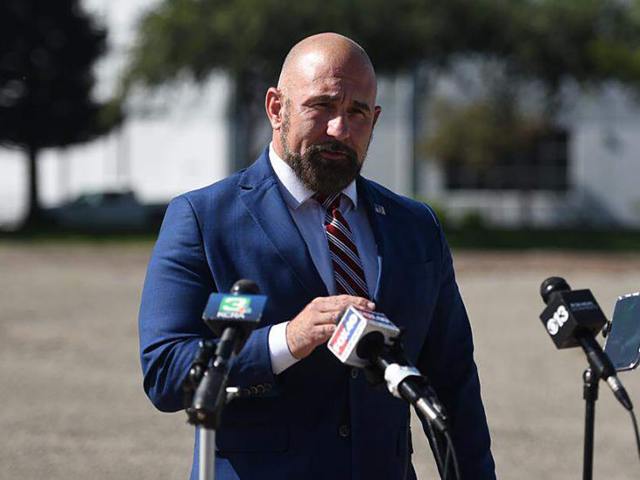 Florida Lt. Gov. Jay Collins speaks at a news conference outside Stockton Metropolitan Air
