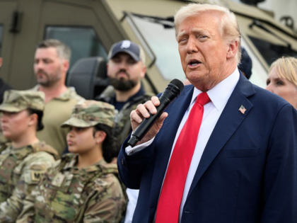 US President Donald Trump speaks while visiting federal troops at the US Park Police Anaco