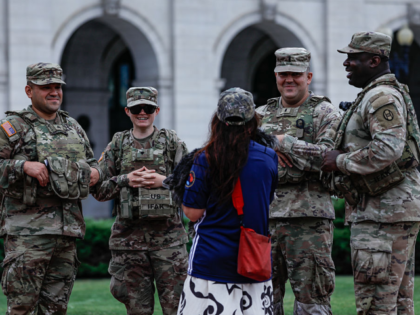 WASHINGTON, UNITED STATES - AUGUST 21: National Guard troops patrol around Union Station a