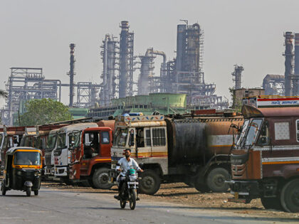 Oil tanker trucks outside an oil refinery operated by Bharat Petroleum Corp. Ltd., in Mumb
