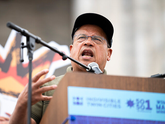 GettyImages2219420363 Minnesota Attorney General Keith Ellison addresses the crowd during a "No Kings" protest o