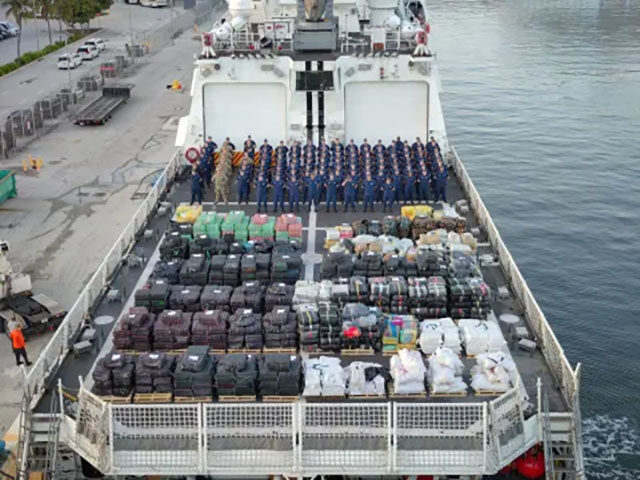 The U.S. Coast Guard Cutter Hamilton offloads more than 76,140 lbs of illicit narcotics at
